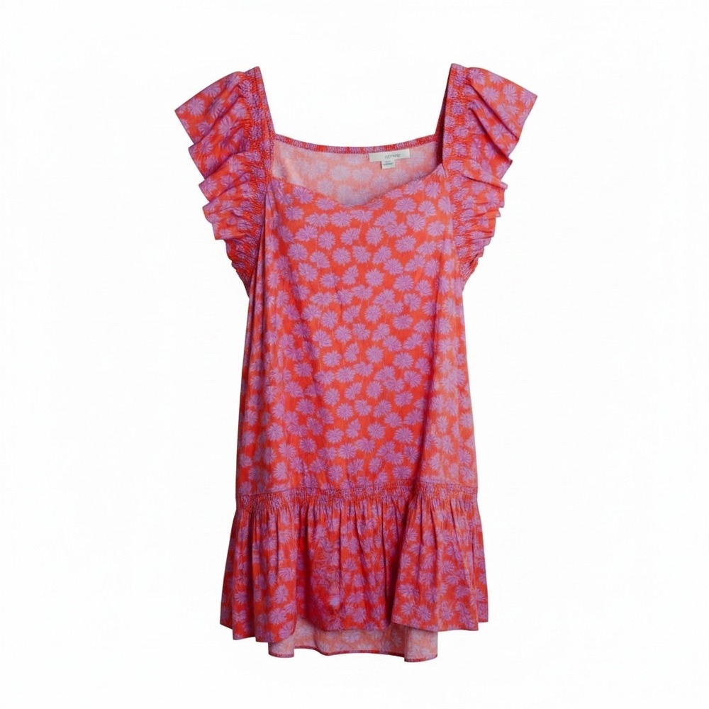 Gap Mini Dress Women L Orange Floral Ruffle Cap Sleeve Smocked Tiered Cotton